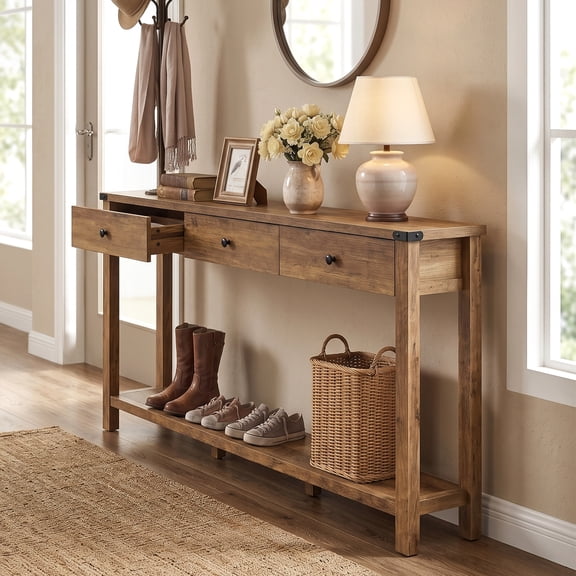 LEDREM Console Table with 3 Drawers, Narrow Entryway Table with Storage for Living Room, 63 x 9.4 x 29.9 Inches, Warm Brown