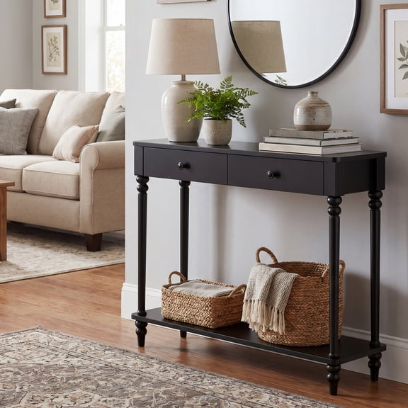 LEDREM Console Table with Shelf and Drawers, Mid-Century Modern Sofa Entryway Table, Solid Wood Legs, Living Room, Black