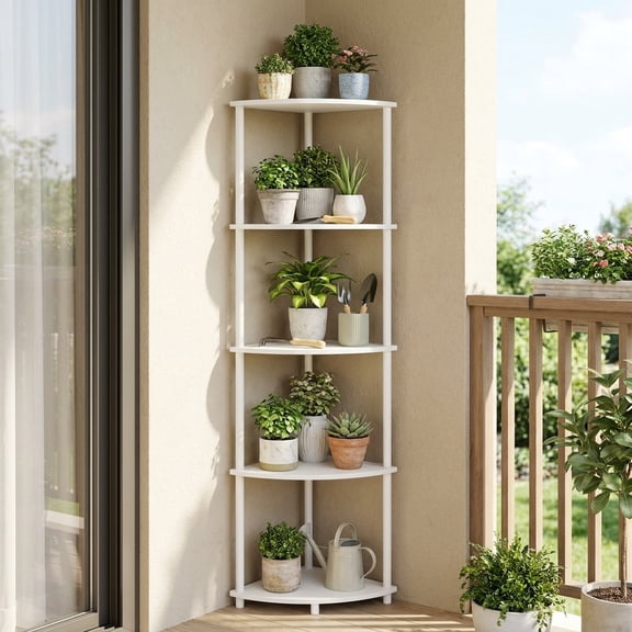 LEDREM Corner Shelf, Quick Toolless Assembly, 5-Tier Corner Display Shelf, Storage Stand, Living Room Bedroom, White