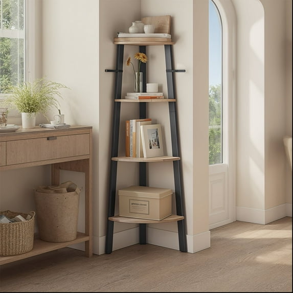 LEDREM Corner Shelf Stand - 4-Tier Industrial Ladder Shelf, Space-Saving Design for Plants, Books, Easy Assembly, Greige and Black