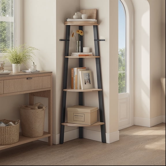 LEDREM Corner Shelf Stand - 4-Tier Industrial Ladder Shelf, Space-Saving Design for Plants, Books, Easy Assembly, Greige and Black