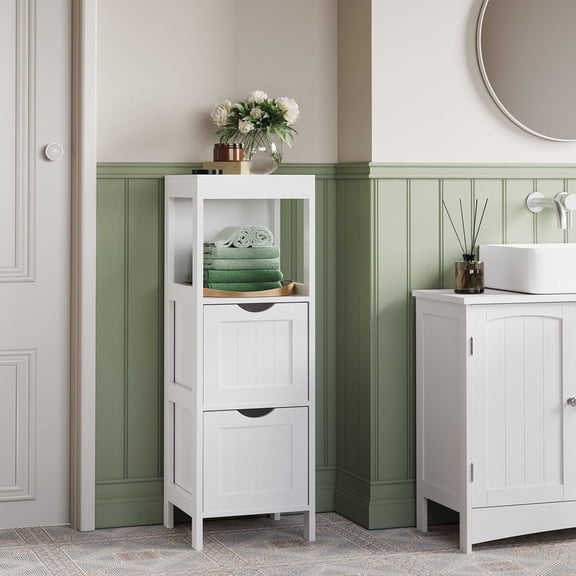 LEDREM Corner Storage Cabinet with 2 Drawers, 35 Inch Tall Freestanding Organizer for Bathroom Living Room, White