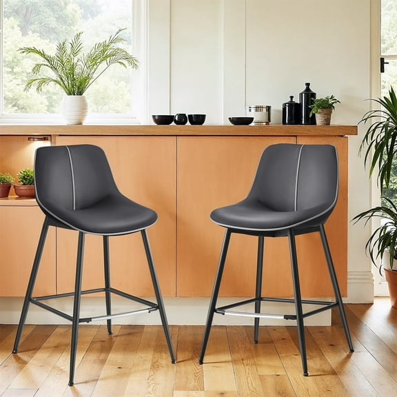 LEDREM Counter Height Bar Stools Set of 2, Ergonomic Backrest & Synthetic Leather Seat, Swivel Leveling Feet, for Kitchen Island, Home Bar, Ink Black