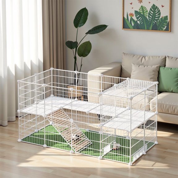 LEDREM DIY Metal Pet Playpen with Cable Ties, Small Animal Cage Enclosure with 0.9" Wire Mesh, for Guinea Pigs, Rabbits, Hamsters, White