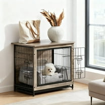 LEDREM Dog Crate Furniture, 27.2-Inch Indoor Dog Kennel with Double Doors, Removable Tray, Side Table, for Small Dogs up to 30 lb, Greige