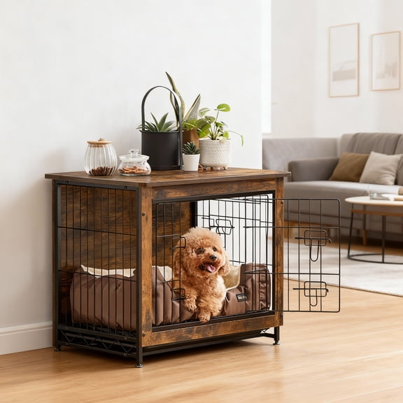 LEDREM Dog Crate Furniture, 27.2-Inch Indoor Dog Kennel with Double Doors, Removable Tray, Side Table, for Small Dogs up to 30 lb, Rustic Brown