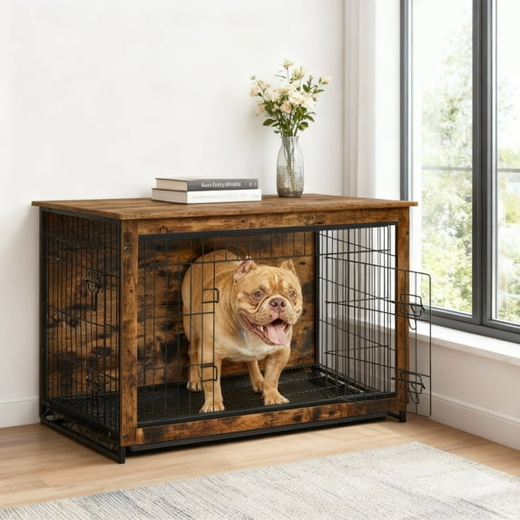 LEDREM Dog Crate Furniture, 38.6-Inch Indoor Dog Kennel with Double Doors, Removable Tray, Side Table, for Dogs up to 70 lb, Rustic Brown