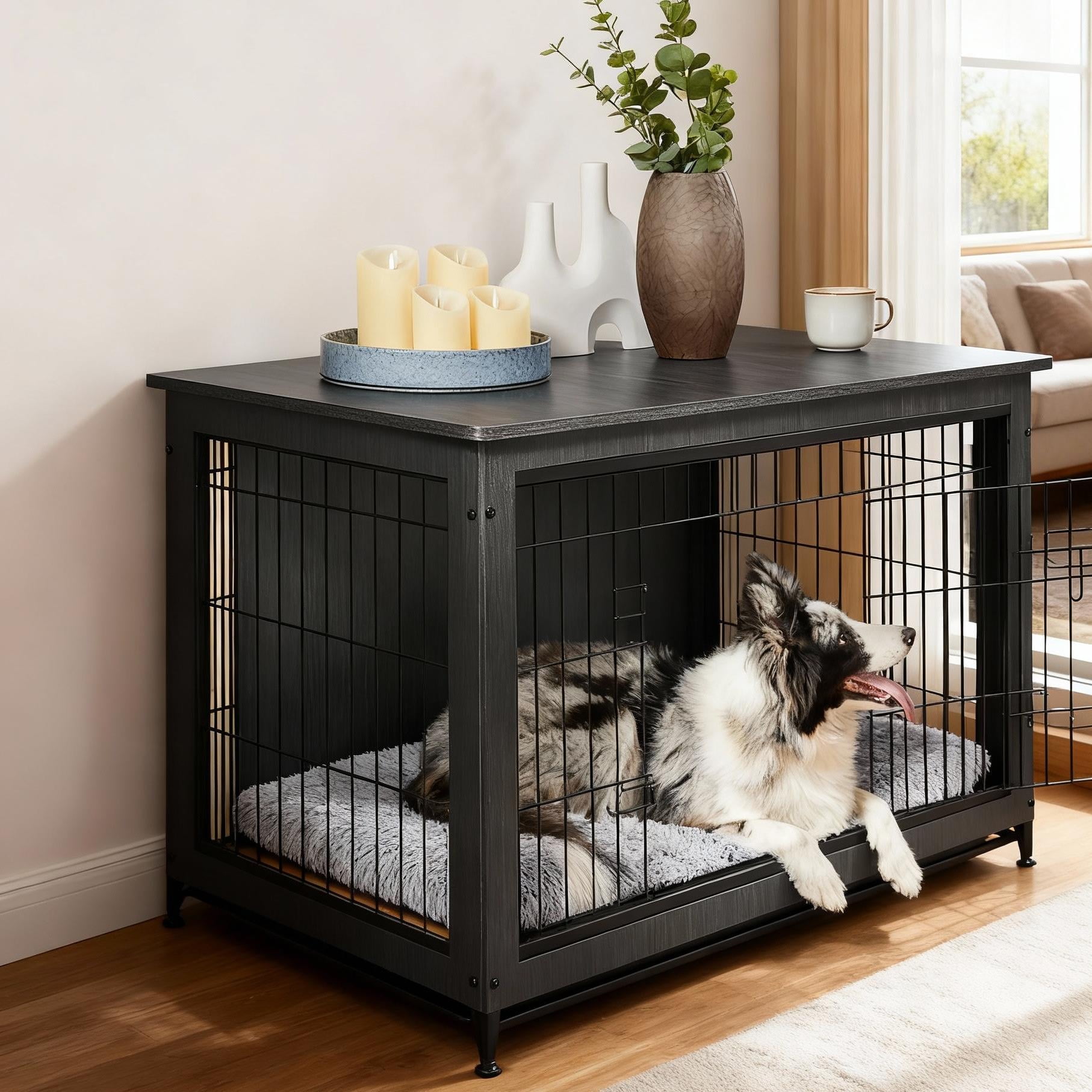 LEDREM Dog Crate Furniture 38.6" Side End Table, Indoor Kennel for Medium Dogs up to 70 lb, Double-Door Cage with Removable Tray, Ink Black