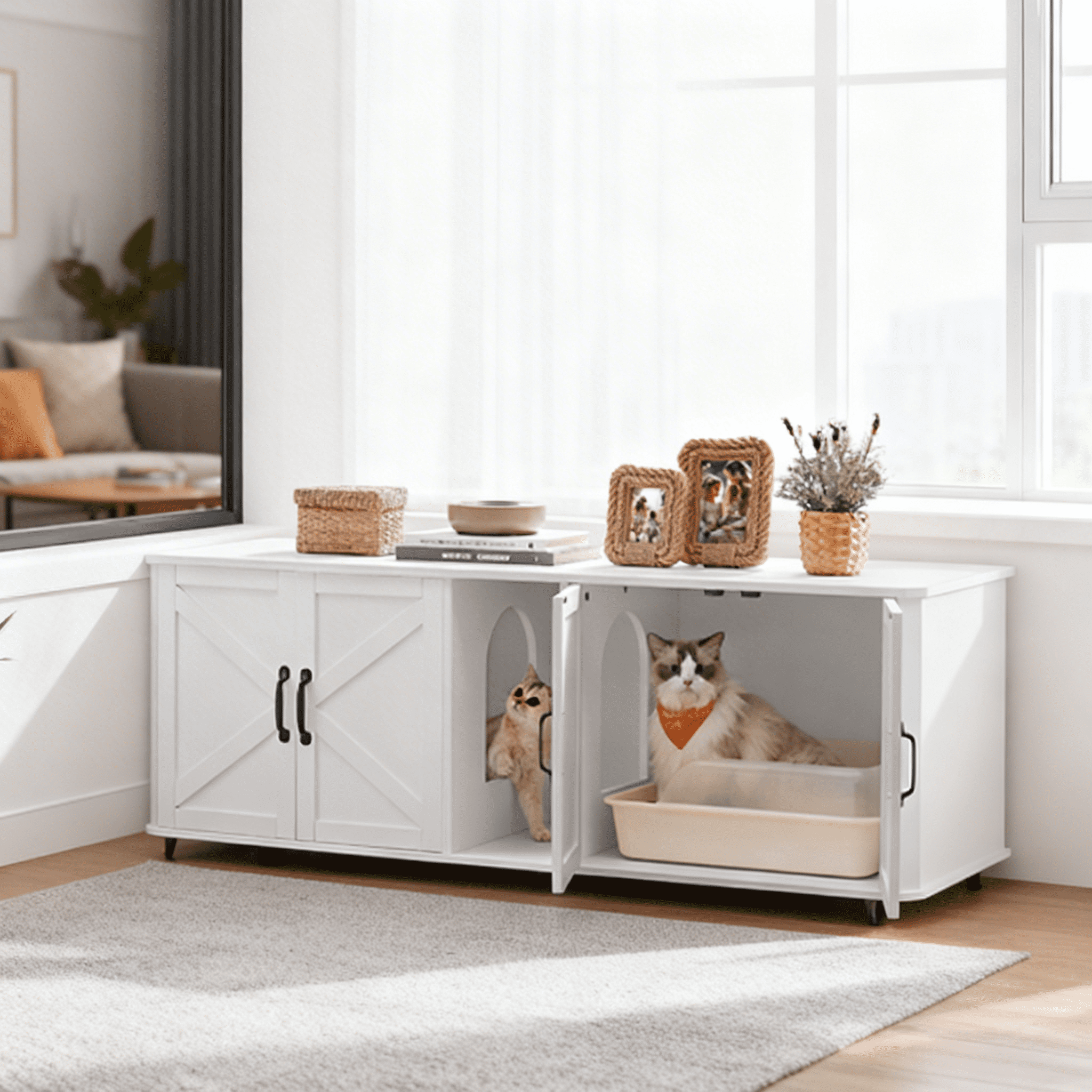 LEDREM Double Cat Litter Box Enclosure for 2 Cats, Hidden Litter Box Furniture with Front Entry, Side End Table & TV Stand, 59 x 19.5 x 20 Inches, Cloud White