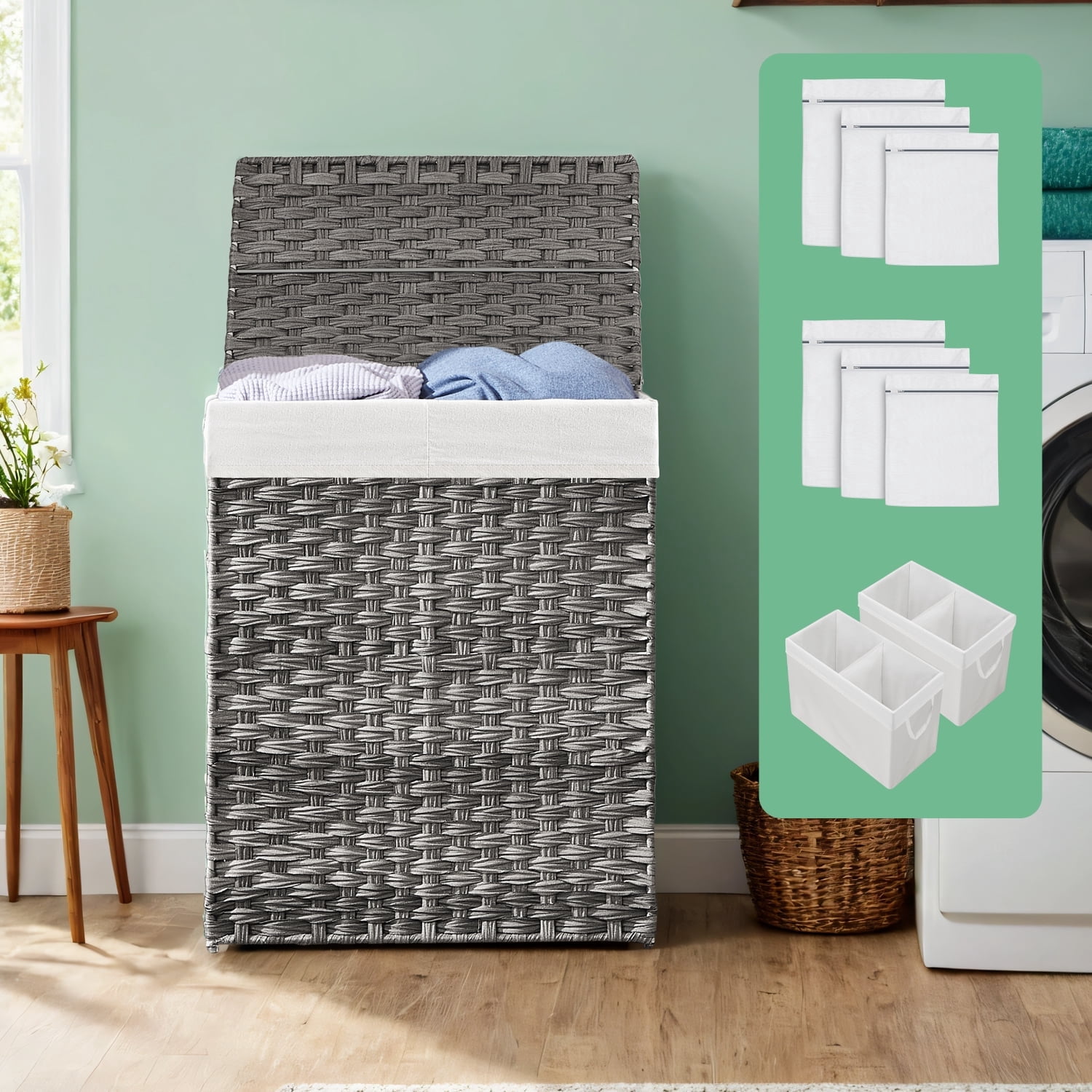 LEDREM Double Compartment Laundry Hamper with Lid - 90L Capacity, 2 Removable Washable Liners, 6 Mesh Bags, Steel Frame & Wicker, Design for Bathroom Storage, Gray