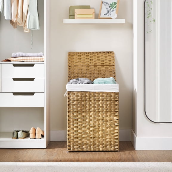 LEDREM Double-Section Laundry Hamper with Lid - 90L Capacity, 2 Removable Washable Liners, 6 Mesh Bags, Steel Frame & Wicker for Bathroom, Natural
