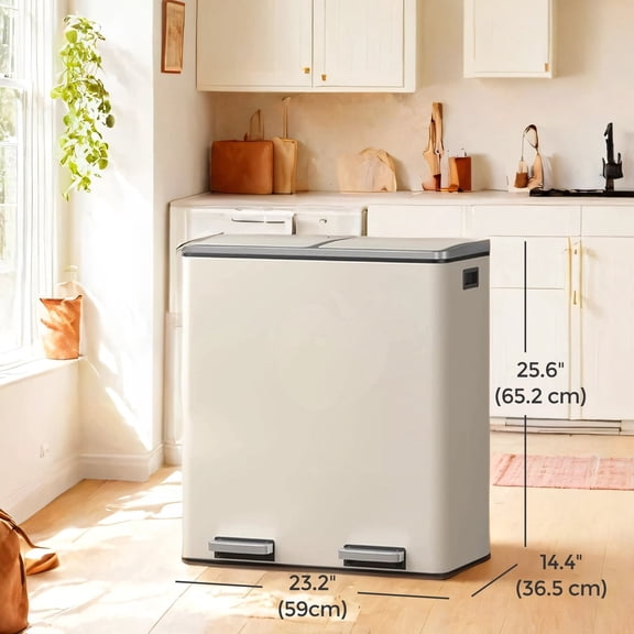 LEDREM Dual 8 Gallon Kitchen Trash Can , 2 Compartments with Hinged Lids , Pedals & 15 Bags , Airtight Waste Bin , Almond Color