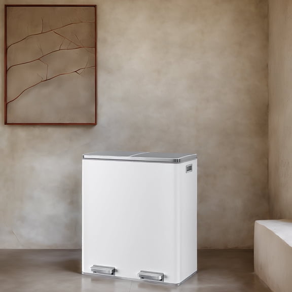 LEDREM Dual Compartment Kitchen Trash Can , 2x8 Gallon Step Bin with Inner Buckets & Soft-Close Lid , Includes 15 Trash Bags ,White and Gray