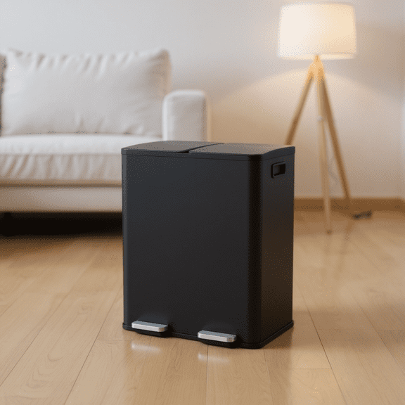 LEDREM Dual Compartment Step Trash Can , 2 x 8-Gallon Soft-Close Lid Garbage Bin with Pedal , Inner Buckets and Liners Included , Stainless Steel ,Ink Black