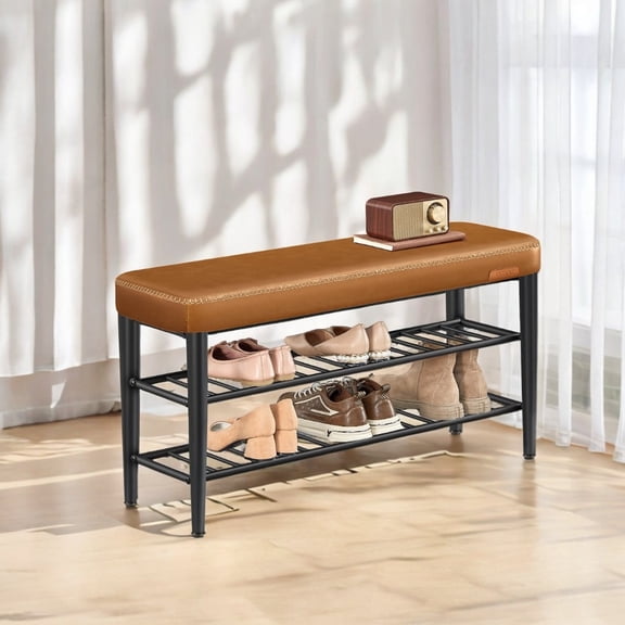 LEDREM EKHO Collection Shoe Rack Bench , Mid-Century Modern Storage Bench with 3-Tier Shelf , 300-lb Capacity Entryway Organizer ,Caramel Brown