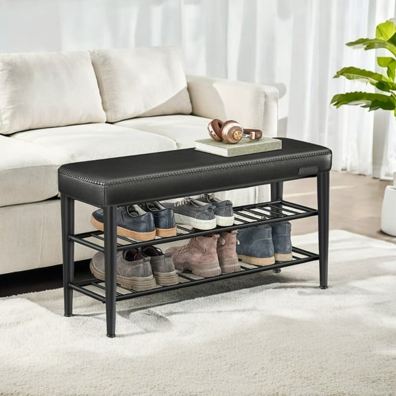 LEDREM EKHO Collection Shoe Rack Bench , Mid-Century Modern Storage Bench with 3-Tier Shelf , 300-lb Capacity Entryway Organizer ,Ink Black