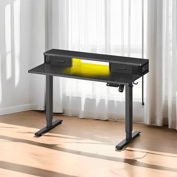LEDREM Electric Standing Desk with LED Lights & USB Ports, 47.2" Adjustable Height Office Desk with 3 Memory Presets & Storage Drawers, Ink Black