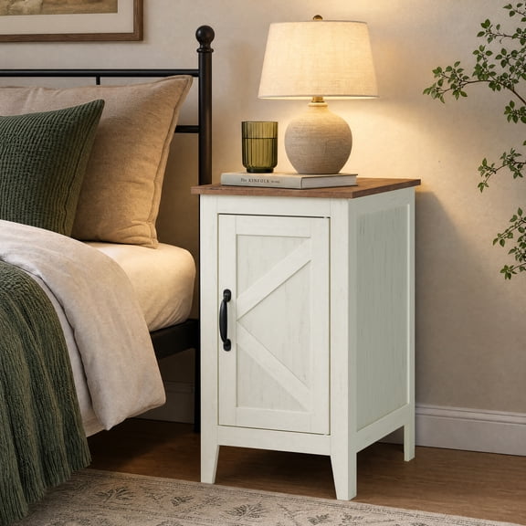 LEDREM End Table with Charging Station, Narrow Bedside Table with Storage Cabinet, 14.2 x 18.9 x 24.8 Inches, Rustic White and Honey Brown