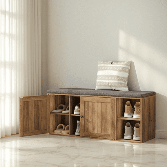 LEDREM Entryway Shoe Bench with Toolless Assembly, Storage Bench with Cushion & Adjustable Shelves, 40.2 x 17.3 x 14 Inches, Honey Brown and Slate Gray