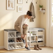 LEDREM Shoe Bench With Storage, Shoe Bench For Entryways, 15-Compartment Organizer with Removable Cushion, 440lb Capacity, White