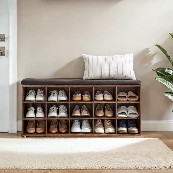 LEDREM Entryway Shoe Bench with Storage, 15-Compartment Organizer with Removable Cushion, 440 lb Capacity, Brown