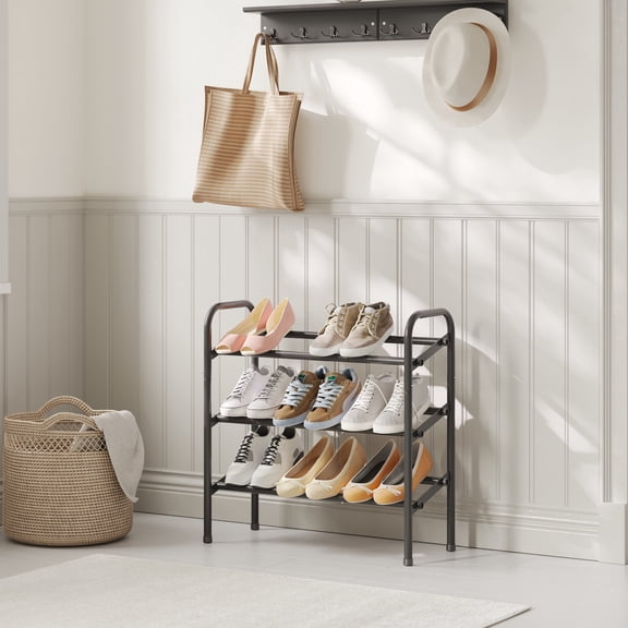 LEDREM Expandable 3-Tier Metal Shoe Rack, Adjustable Width Holds 20 Pairs, Angled Shelf & Handles, Free Standing Organizer for Entryway Closet, Ink Black