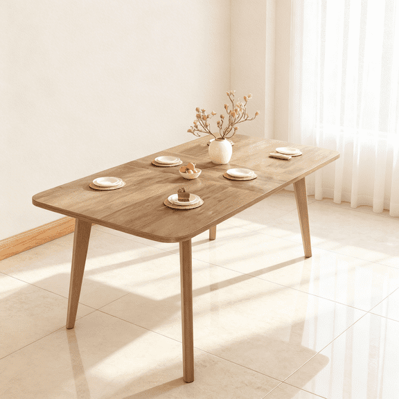 LEDREM Extendable Dining Table, Mid-Century Modern Kitchen Table with Tapered Legs & Curved Edges, Expandable for 4 to 8 Seats, Solid Wood Frame, Honey Brown