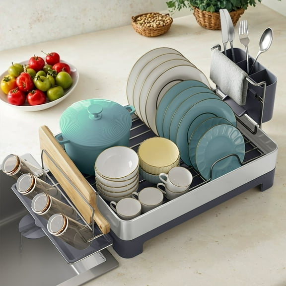 LEDREM Extra Large Dish Drying Rack - Stainless Steel with 360° Drain Spout, Holds 9 Plates & Utensils, Fingerprint-Proof, Silver and Gray