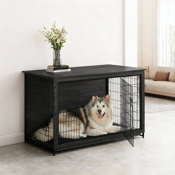 LEDREM Extra-Large Furniture Style Dog Crate with Double Doors, Heavy-Duty Metal Frame, Indoor Display Table Design, Removable Tray, for Giant Dogs up to 105 lb, Ink Black