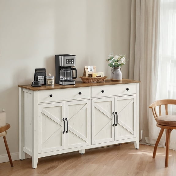 LEDREM Farmhouse Buffet Cabinet - 2 Drawers with Dividers, Adjustable Shelves & Cable Management, Multi-Functional Storage, Rustic White and Honey Brown