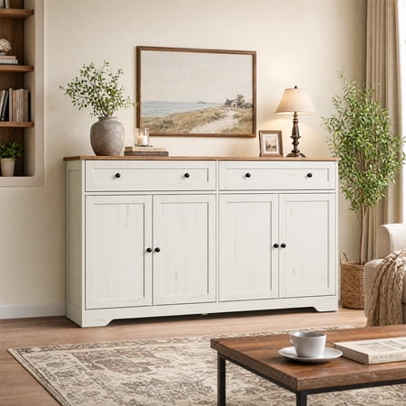 LEDREM Farmhouse Buffet Cabinet, Coffee Bar Sideboard with 2 Drawers & Adjustable Shelves, 4 Doors, 55.1" Wide, Rustic White and Honey Brown