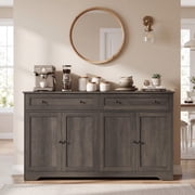 LEDREM Farmhouse Buffet Cabinet, Coffee Bar Sideboard with 2 Drawers & Adjustable Shelves, 4 Doors, 55.1" Wide, Taupe Brown