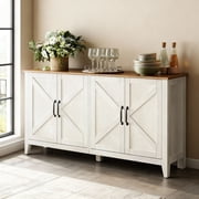 LEDREM Farmhouse Buffet Cabinet, Sideboard with 4 Doors, 2 Adjustable Shelves & Cable Holes, for Living Room Entryway, Rustic White & Brown