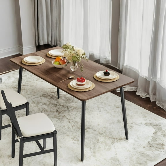 LEDREM Farmhouse Dining Table for 6 - Heat/Scratch Resistant, Quick 15-Min Assembly, Steel Legs, 55"L, Walnut and Black