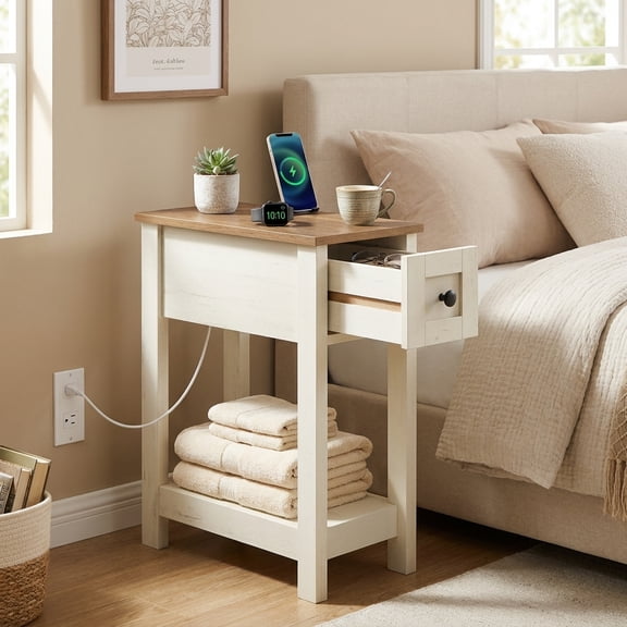 LEDREM Farmhouse End Table with Charging Station, Narrow Side Table with Drawer, Nightstand, 18.9" x 9.5" x 23.6", Honey Brown and Rustic White