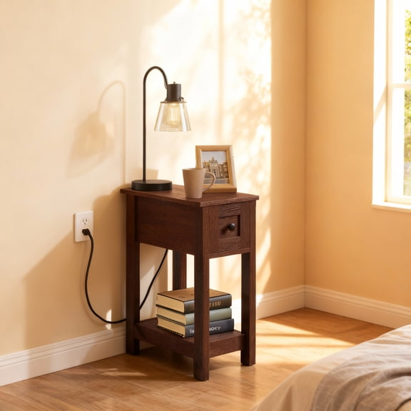 LEDREM Farmhouse End Table with Storage Drawer, Narrow Side Table with Charging Station, Nightstand for Living Room Bedroom, Saddle Brown