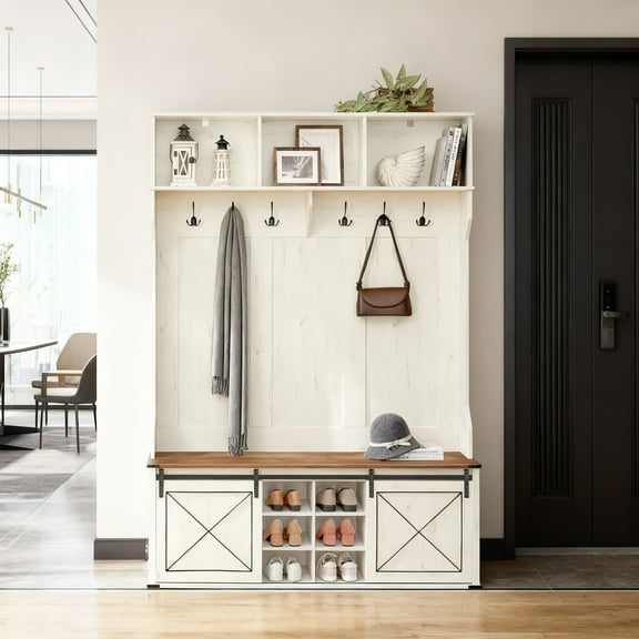LEDREM Farmhouse Hall Tree with Bench, 6 Tri-Hooks, Adjustable Shoe Storage & Sliding Door, Entryway Organizer, Rustic White and Honey Brown