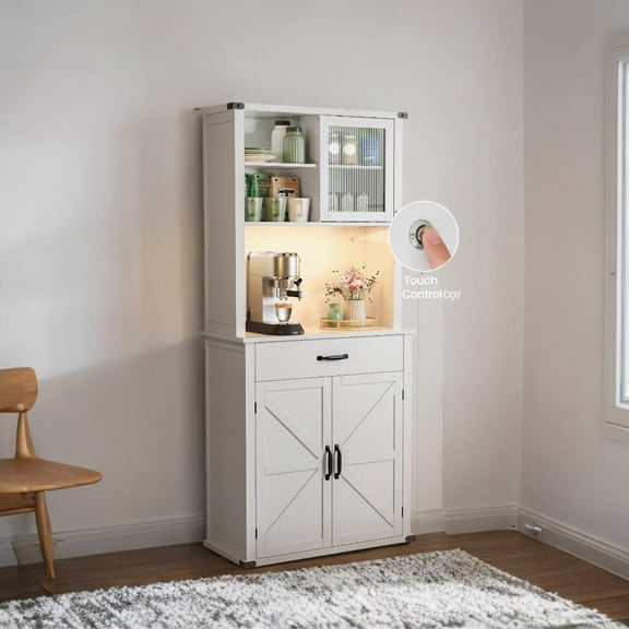 LEDREM 71"H Kitchen Pantry Cabinet with Lights & Charging, Solid & Sturdy, Storage Cabinet for Entryway, Kitchen, Coffee and White