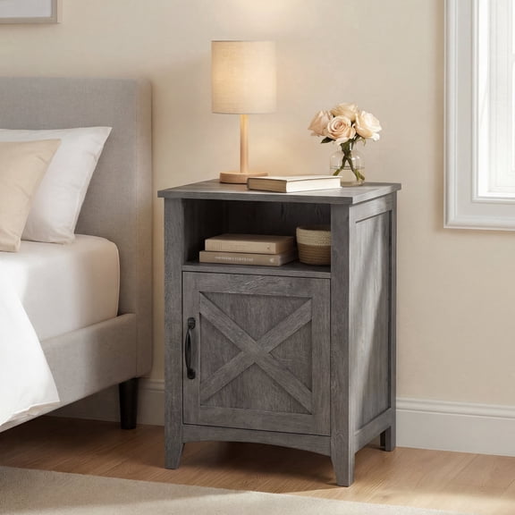 LEDREM Nightstand with Open Compartment, Bedside Table with Storage Shelf, Farmhouse Reversible Barn Door