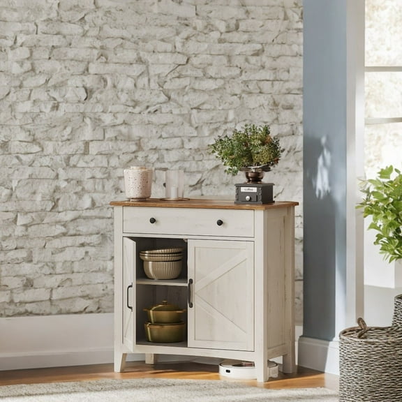 LEDREM Farmhouse Sideboard Cabinet with Adjustable Shelf & Drawer Organizer, Multi-Functional Storage Unit for Living, Dining Room, Rustic White and Honey Brown