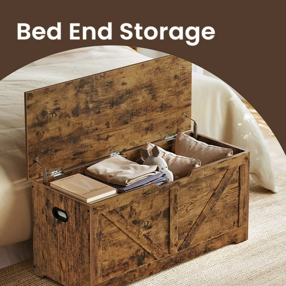 LEDREM Farmhouse Storage Bench with 2 Safety Hinges , 39.4" Wide Storage Trunk for Entryway , Bedroom ,Living Room , Rustic Brown