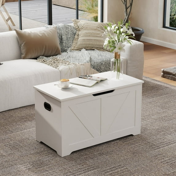 LEDREM Farmhouse Storage Bench with Safety Hinges, 300lb Capacity, Entryway Shoe Organizer, Easy Assembly, Cloud White