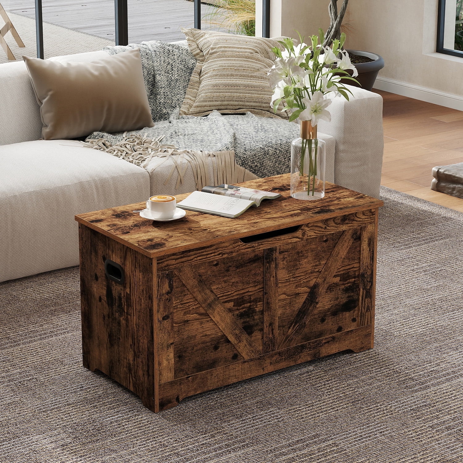 LEDREM Farmhouse Storage Bench with Safety Hinges, Multi-Functional Entryway Shoe Bench, Storage Trunk, Rustic Brown - Walmart.com