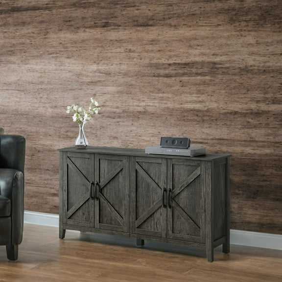 LEDREM Farmhouse Storage Cabinet - 4-Door Sideboard with Adjustable Shelves, Cable Management & Anti-Tip Kit, Charcoal Gray