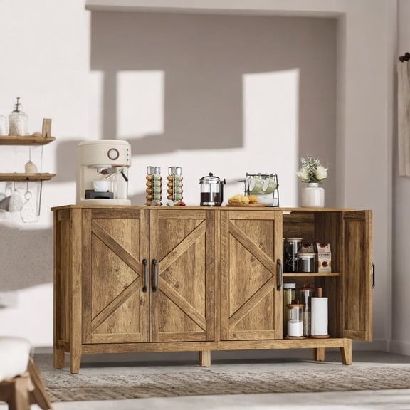 LEDREM Farmhouse Storage Cabinet - 4-Door Sideboard with Adjustable Shelves, Cable Management, Elevated Design, Honey Brown