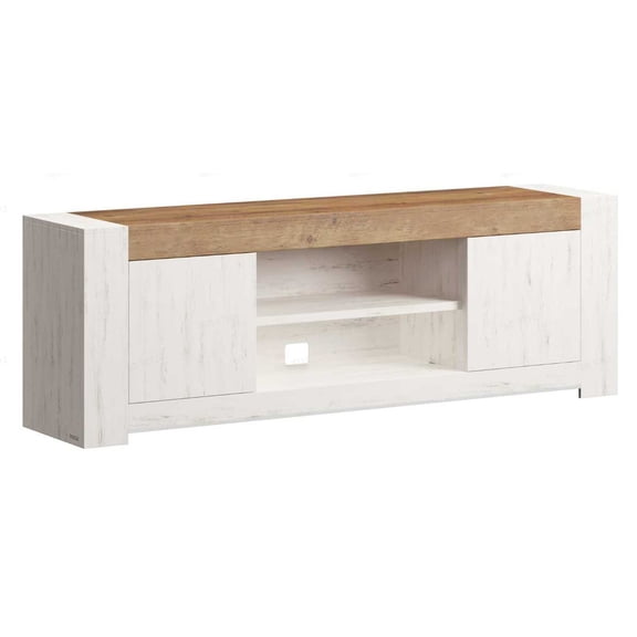 LEDREM Farmhouse TV Stand for 65 Inch TV, Entertainment Center with Storage Cabinets, Media Console Table for Living Room, Rustic White and Honey Brown