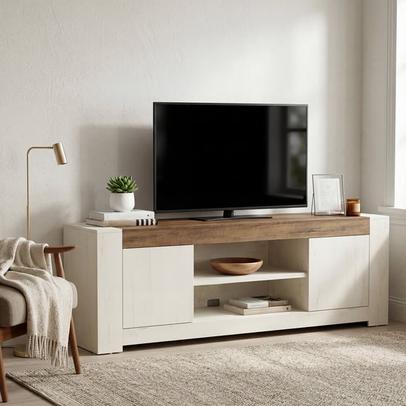 LEDREM Farmhouse TV Stand for 80 Inch TV, Entertainment Center with Storage Cabinets, Media Console Table for Living Room, Rustic White and Honey Brown
