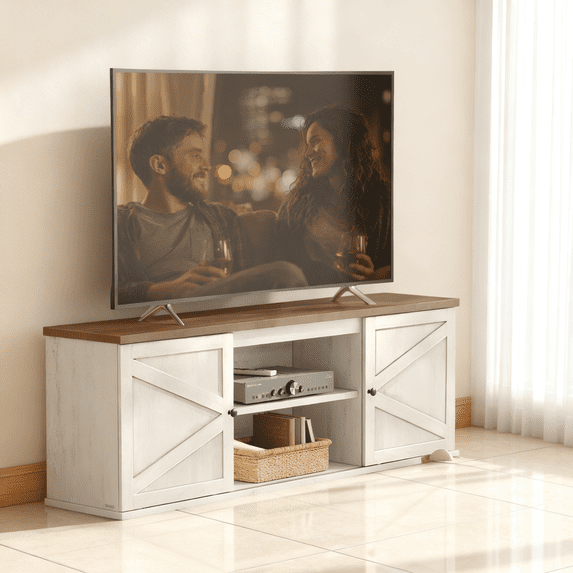 LEDREM Farmhouse TV Stand for 80-Inch TVs, Entertainment Center with Sliding Barn Doors and 4 Storage Compartments, Rustic White and Brown