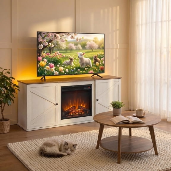 LEDREM Rustic Entertainment Center with 18" Electric Fireplace, Storage Media Stand with Adjustable Compartments for 65 Inch TVs, Farmhouse TV Console with Storage Cabinets