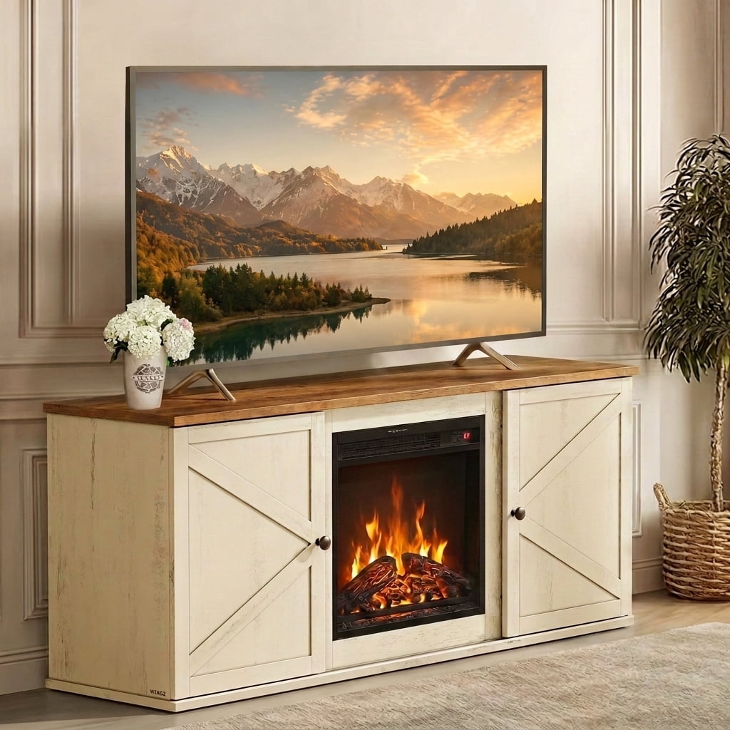 LEDREM Rustic Entertainment Center with 18" Electric Fireplace, Storage Media Stand with Adjustable Compartments for 65 Inch TVs, Farmhouse TV Console with Storage Cabinets